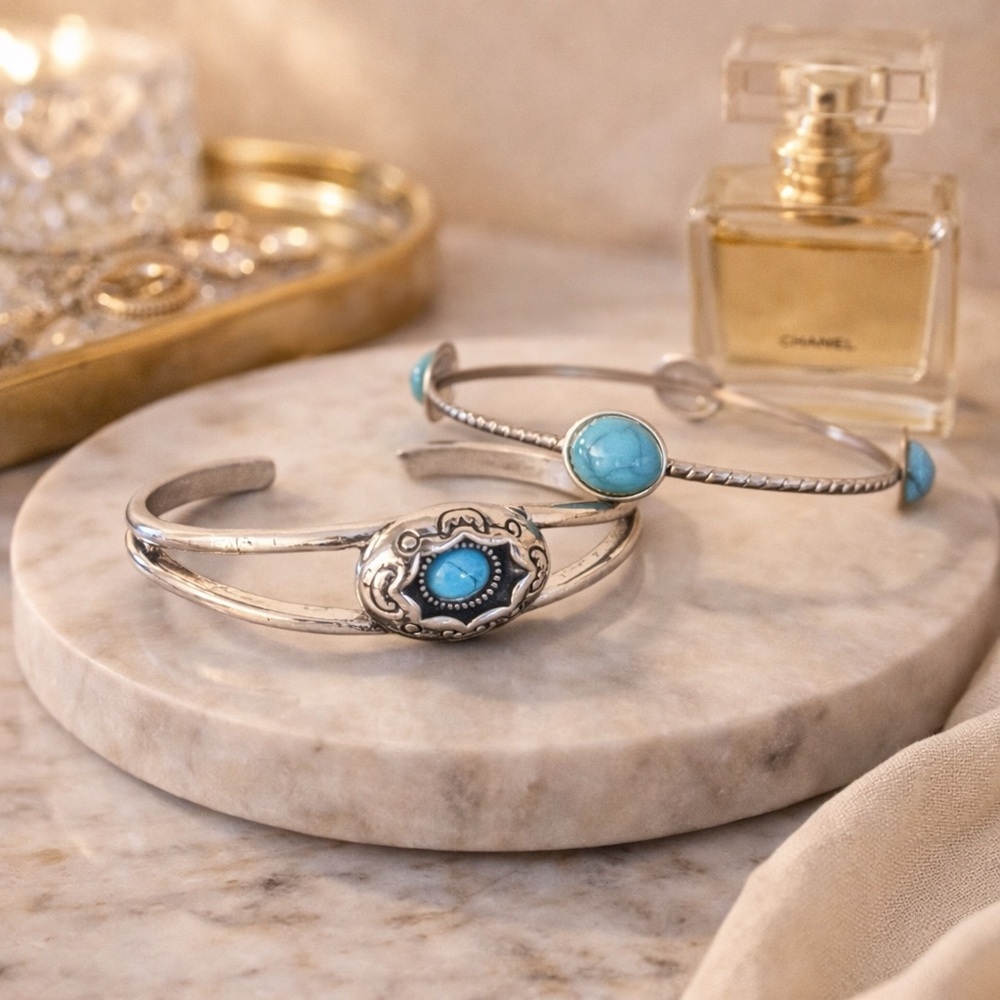 Silver Turquoise Cuff Bracelet Set | Southwestern Boho Stackable Bangles